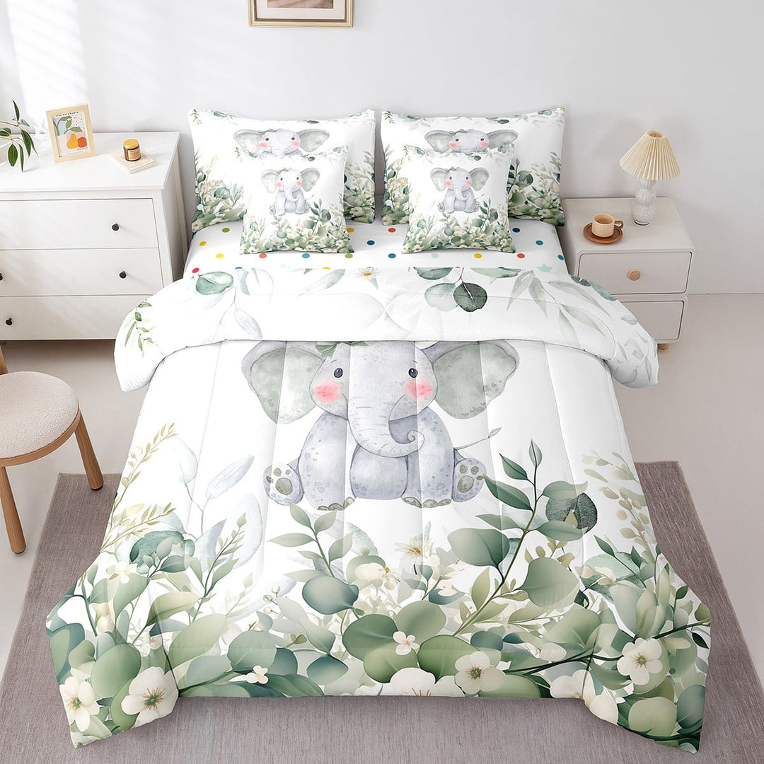 7-Piece Kawaii Animal Bedding Twin Cute Elephant Comforter Set, Cartoon Wildlife Bedding Comforter Sets Green Leaf Bed in a Bag, Spring Garden Bedding Accessories Bedroom Decor