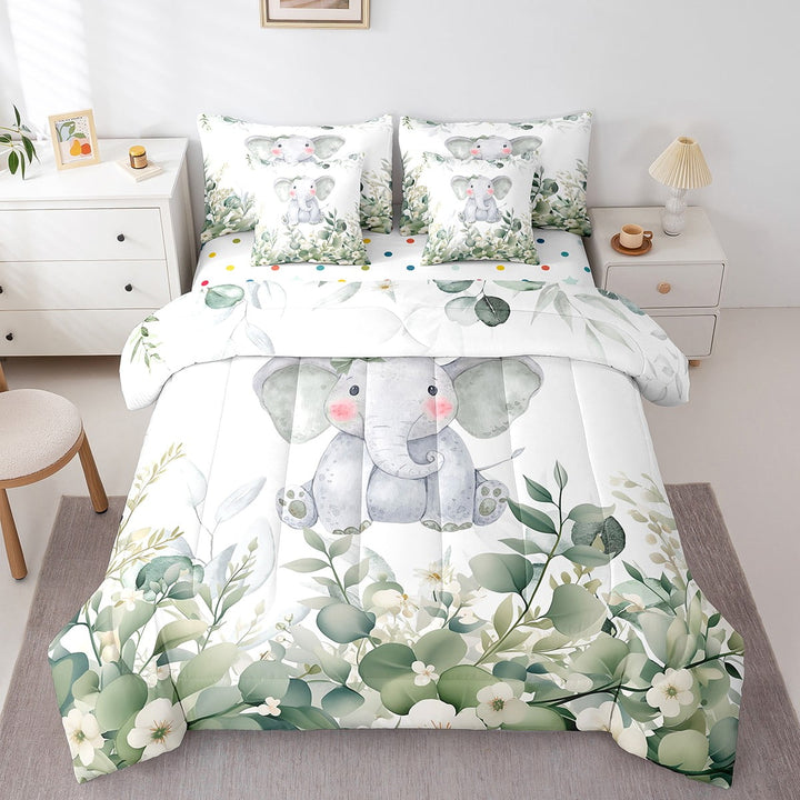 7-Piece Kawaii Animal Bedding Twin Cute Elephant Comforter Set, Cartoon Wildlife Bedding Comforter Sets Green Leaf Bed in a Bag, Spring Garden Bedding Accessories Bedroom Decor