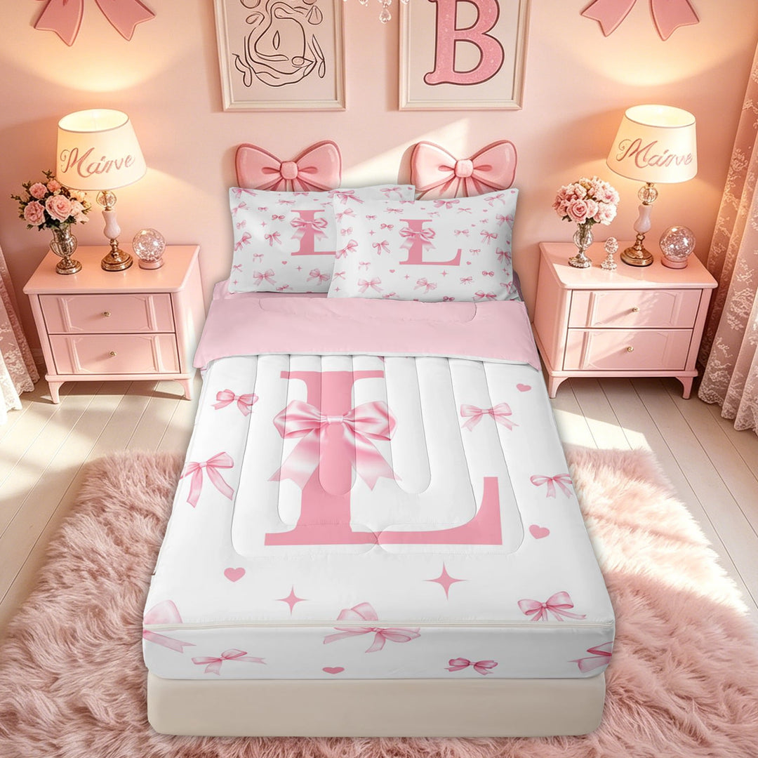 meiyoeat Bow Letter L Zipper Comforter Set with Fitted Sheet and 2 Pillowcases for Girls, Love Heart Zipper Bedding Set, Pink, Pink Reversible, 3pcs
