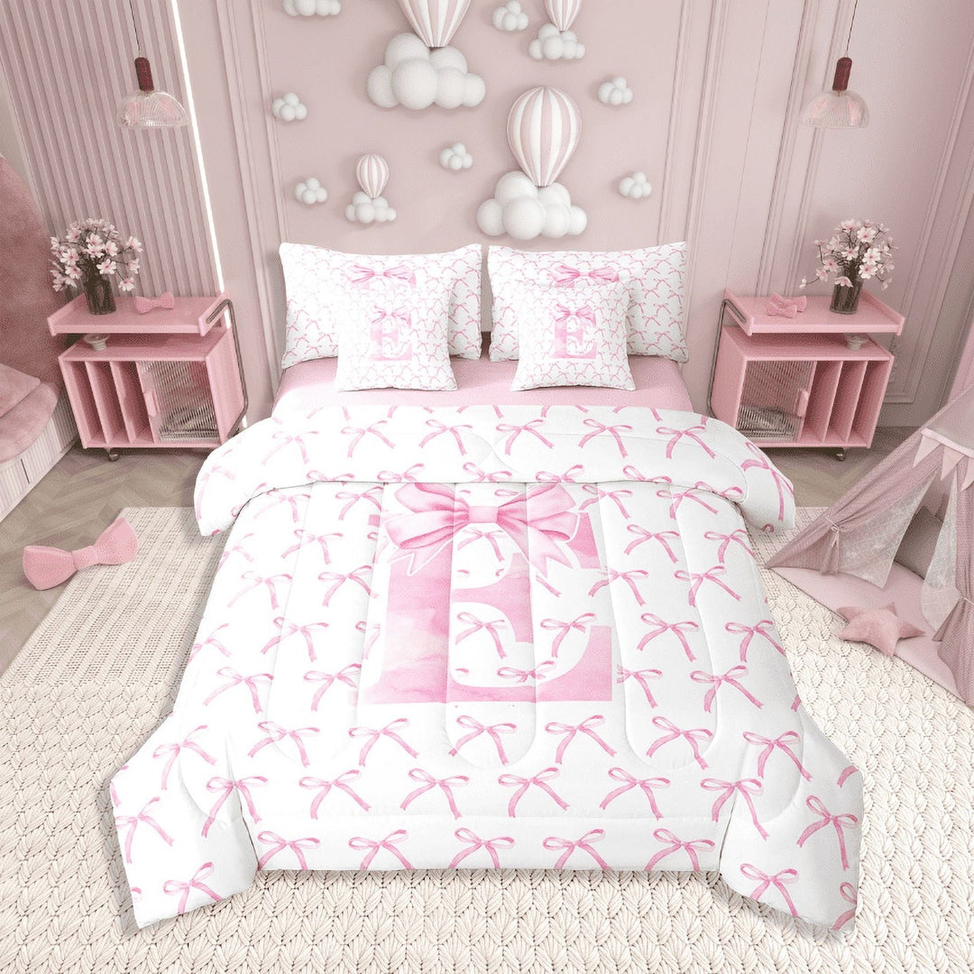 Erosebridal Kawaii Bowknot Bedding Sets Twin Size,Initial Letter Comforter Sets with Sheets,Monogrammed Decor,Reversible,7pcs