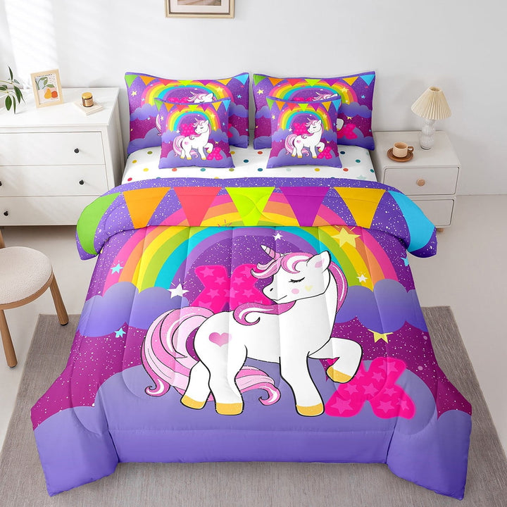 Erosebridal Purple Unicorn Bed in a Bag Twin size, Initial X Bedding Sets Twin Size, Cartoon Monogrammed Reversible Comforter Sets with Sheets, Lightweight Room Decoration, 7pcs