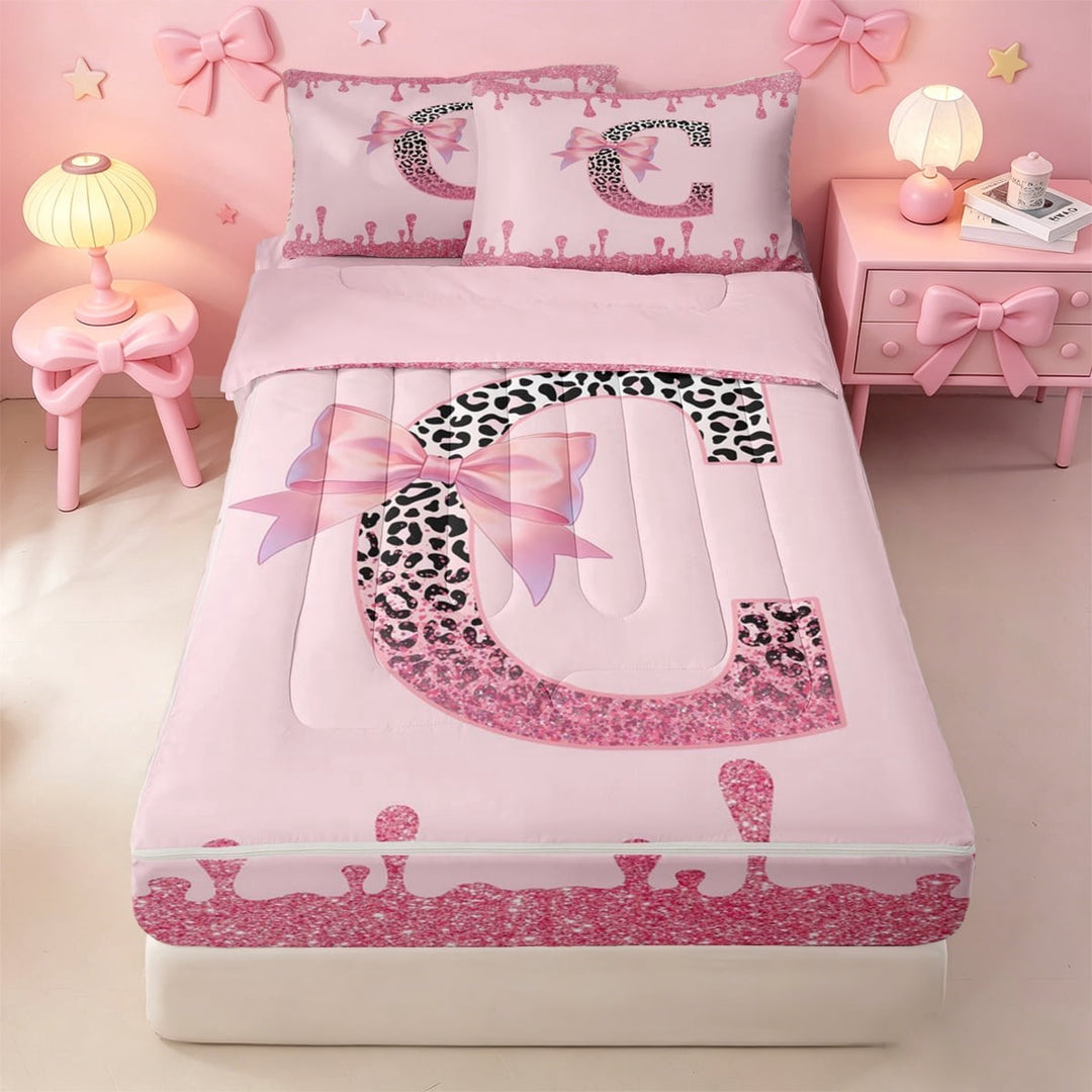 meiyoeat Pink Sparkly Print Initial C Zipper Twin Comforter Sets with Fitted Sheet and 2 Pillowcases For Girls,Leopard Bow Drip Alphabet Art Zipper Bedding Set,Pink Reversible,4-Piece