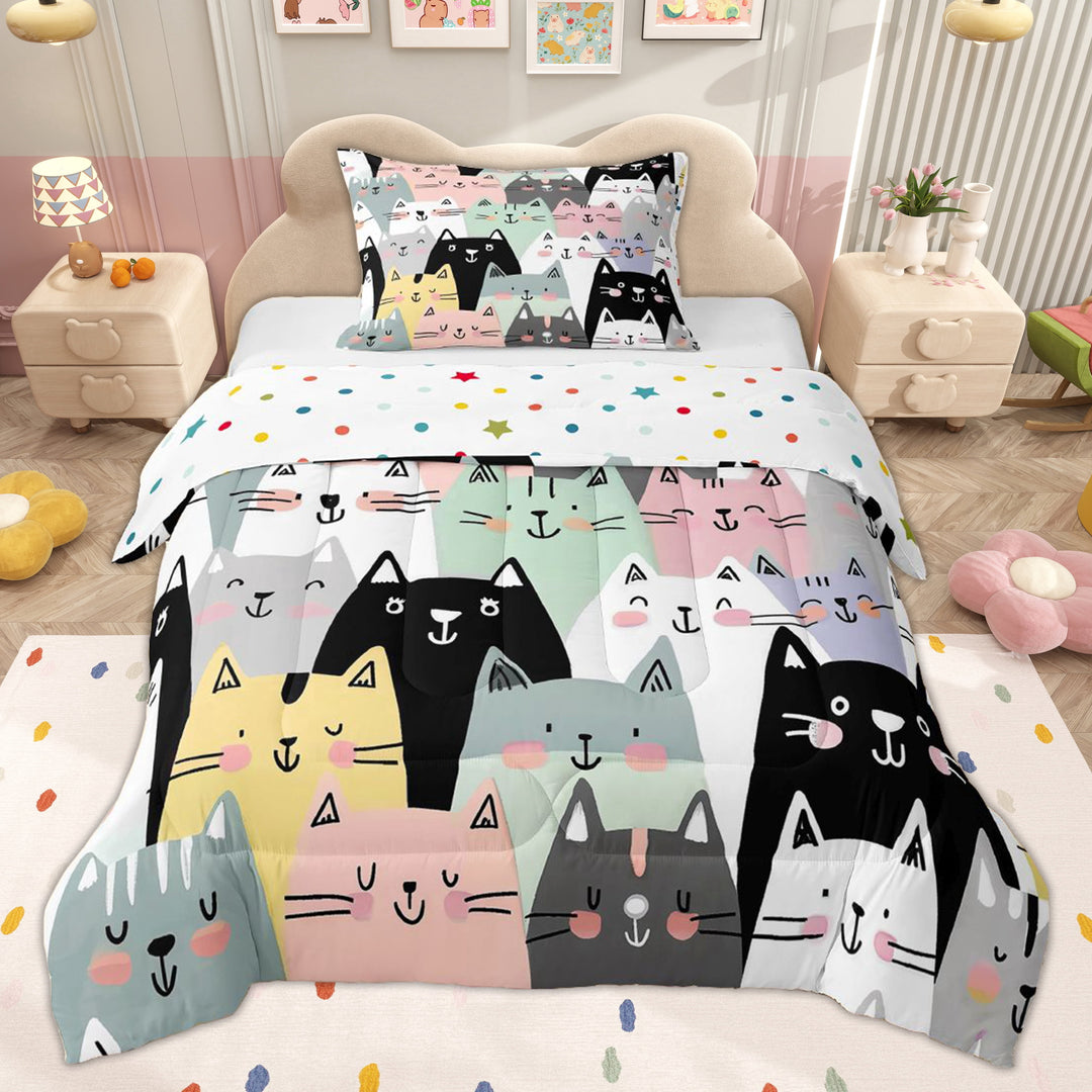 Erosebridal Cartoon Animals Kids Twin Comforter Sets, Kitten Cat Lover Bedding Set, 2-Piece