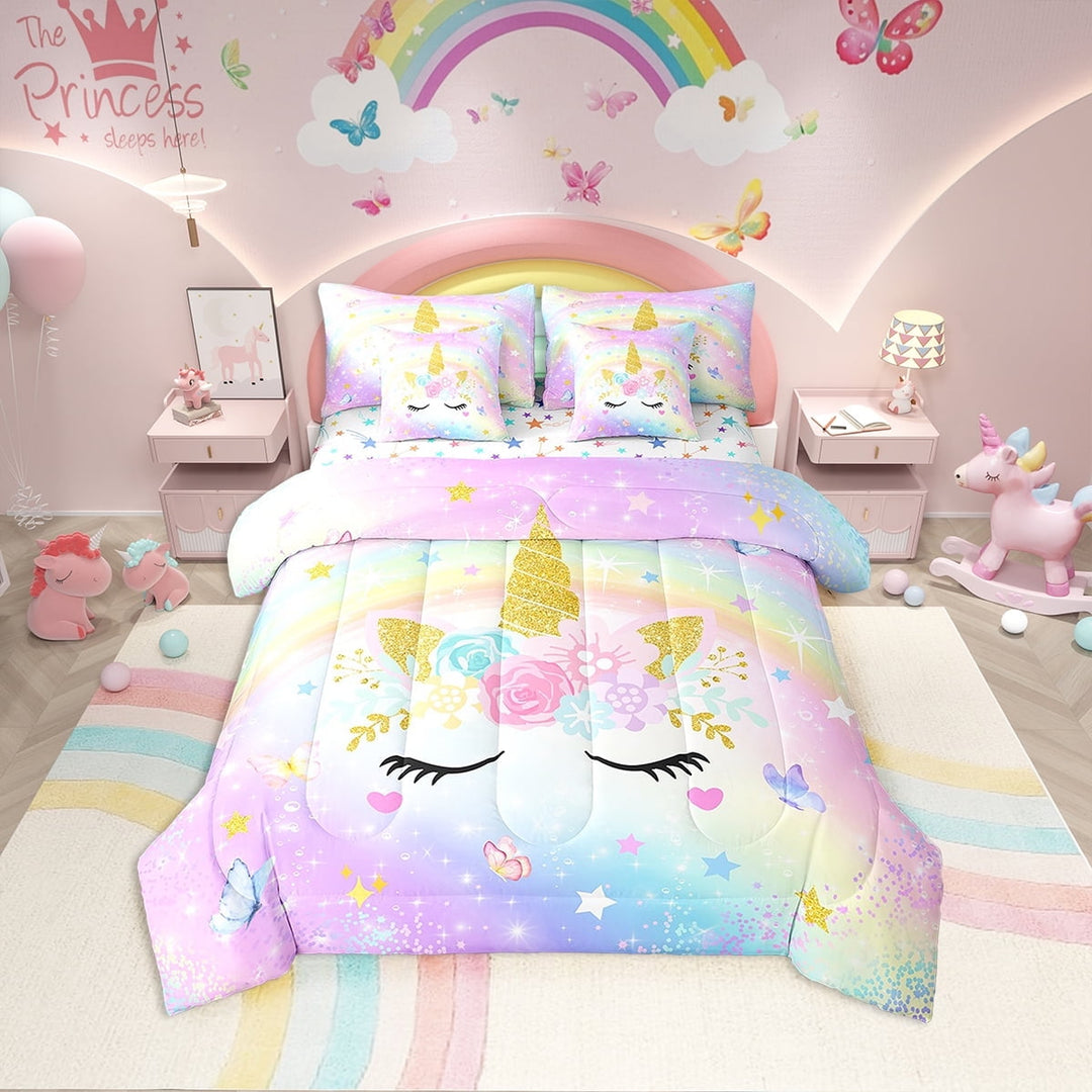 Erosebridal Unicorn Floral Bed in a Bag Twin size, Cartoon Animal Bed Set, Bling Stars Decor, Reversible 7pcs