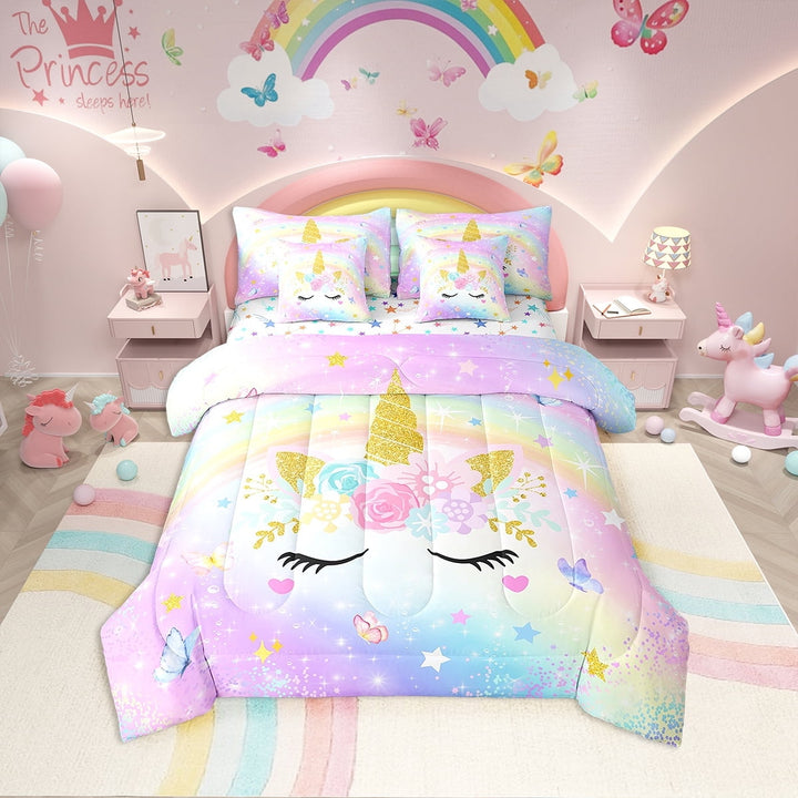 Erosebridal Unicorn Floral Bed in a Bag Twin size, Cartoon Animal Bed Set, Bling Stars Decor, Reversible 7pcs