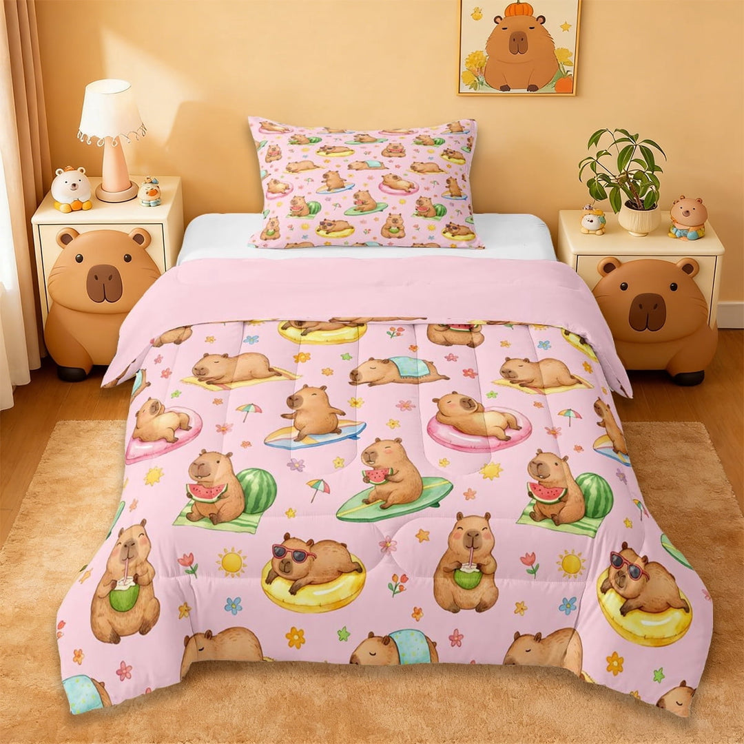 Erosebridal Kawaii Capybaras Twin Comforter Sets,Cute Animal Capybara Rainbow Stars Pattern Bedding Set For Kids Teens ,Reversible Pink 2 Pieces
