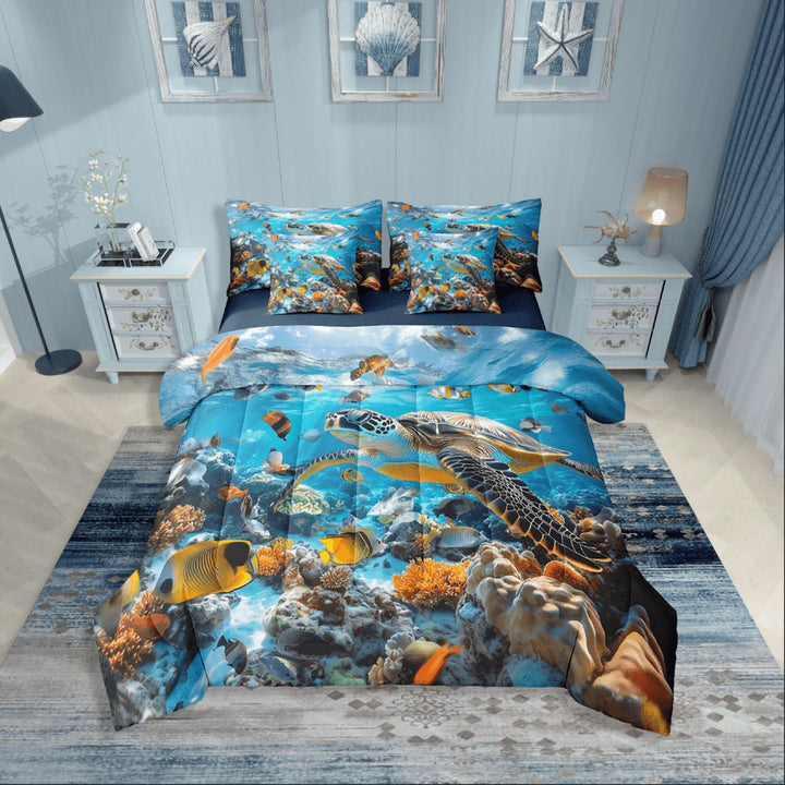 Erosebridal Tortoise Turtle Bedding Sets Twin Size,Ocean Animal Comforter Sets with Sheets,Sealife Decor,Reversible,Breathable,7-Piece