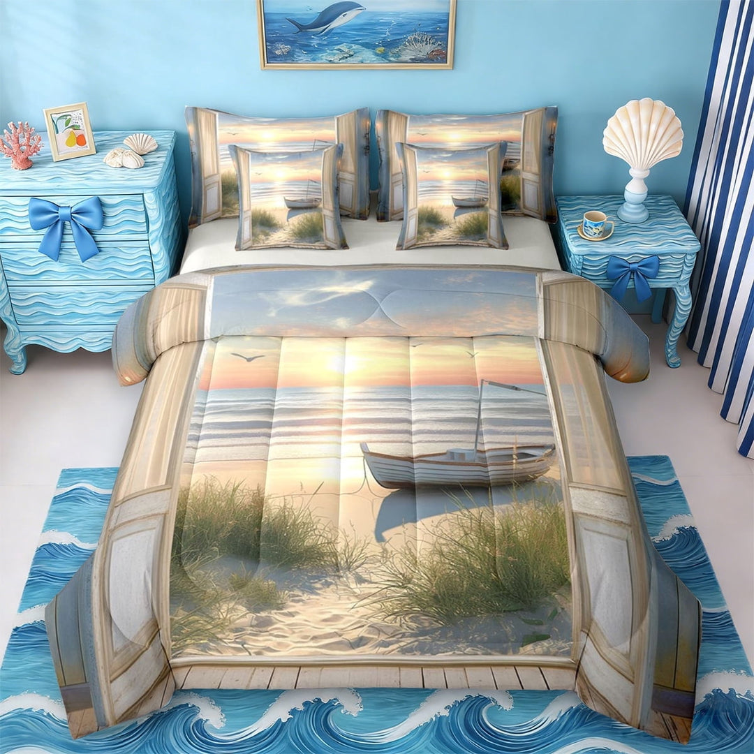 Erosebridal Coastal Beach 7-Piece Twin Bedding Sets,Rustic Farmhouse Cabin Bedding Comforter Set For Men Women,Reversible Light Gray