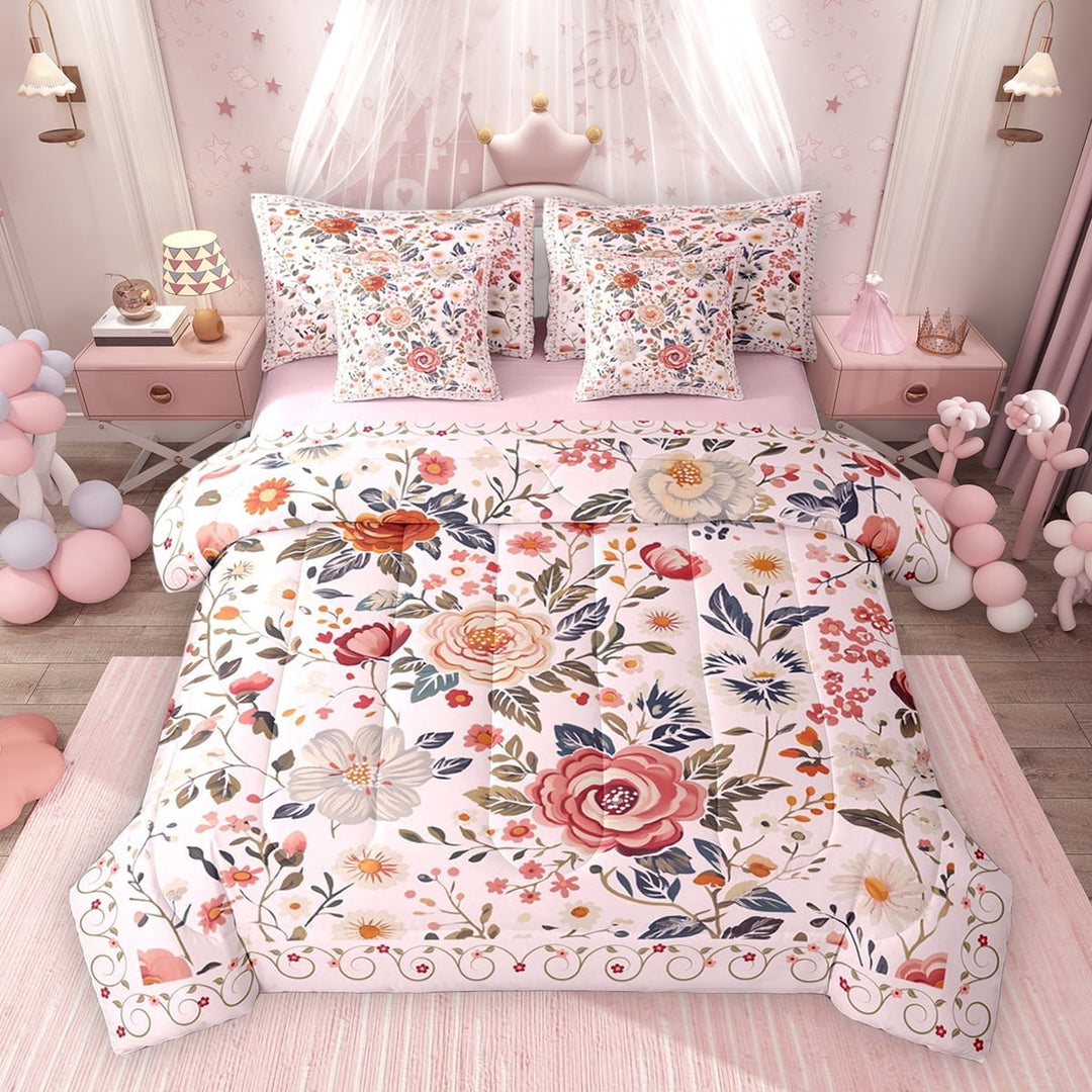 Erosebridal Tropical Floral Twin Bedding Sets, Vintage Flower Bedding Comforter Set for Girls, Pink, Pink Reversible, 7pcs