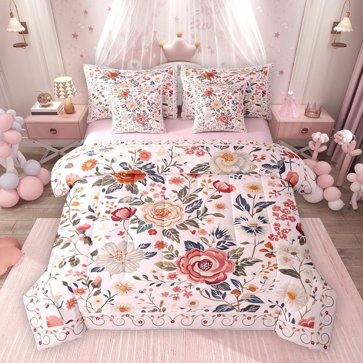 Erosebridal Tropical Floral Twin Bedding Sets, Vintage Flower Bedding Comforter Set for Girls, Pink, Pink Reversible, 7pcs
