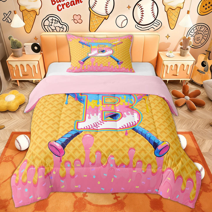 Erosebridal Girly Pink B Letter Twin Comforter Sets for Kid, Cute Ice Cream Baseball Bedding Set, 2 Pieces