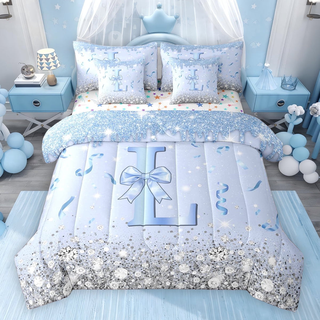 Erosebridal Blue Sparkle Sequins Print Twin Bedding Sets for Girls, Monogrammed L Bedding Comforter Set, Colorful Stars Reversible 7pcs