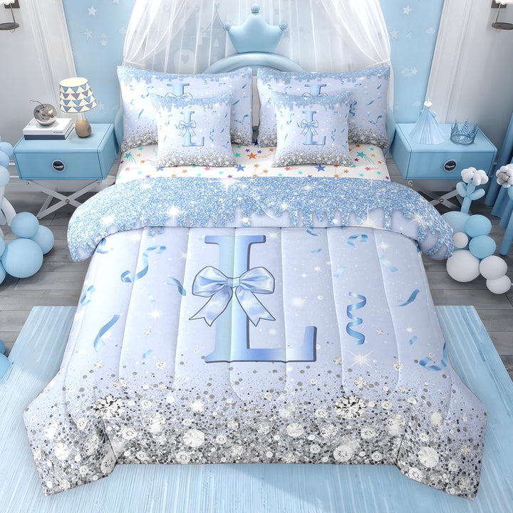 Erosebridal Blue Sparkle Sequins Print Twin Bedding Sets for Girls, Monogrammed L Bedding Comforter Set, Colorful Stars Reversible 7pcs