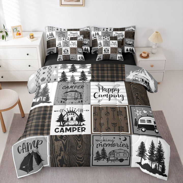 Happy Camping Queen Comforter Set 7 Piece,Rv Camper Bed In A Bag Adults Men,Camper Decor Bedding For Travel Trailers Bunk,Rustic Farmhouse Buffalo Plaid Bed Set Brown Grey