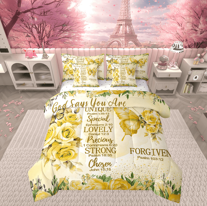 7 Pcs Butterflies Comforter Set Queen Size,Lemon Yellow Rose Bed in a Bag with Flat Sheet and Fitted Sheet for Women Adults,Love Motto Bedding Set with Pillowcase and Sham Reversible