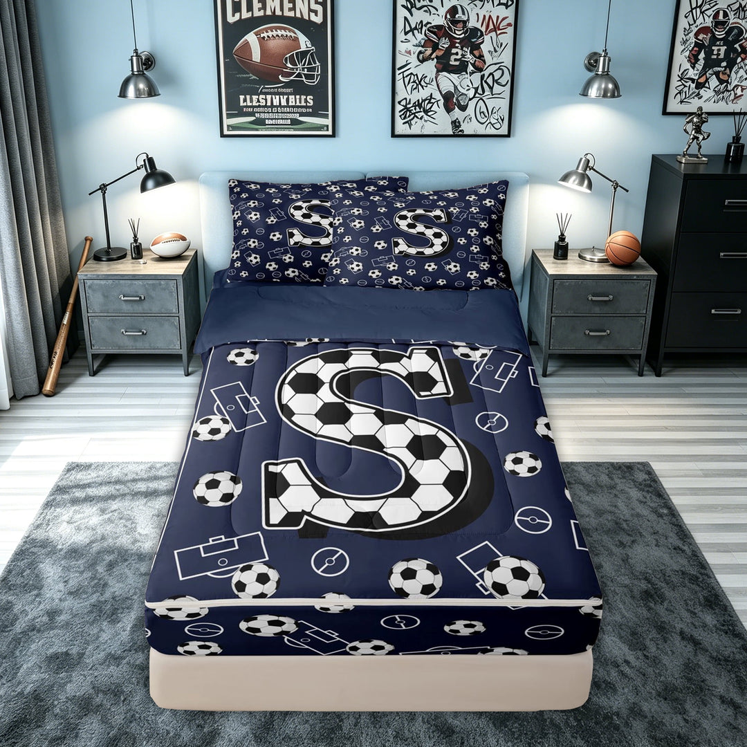 meiyoeat Soccer Letter S Zipper Comforter Set with Fitted Sheet and 2 Pillowcases for Boys, Sports Football Zipper Bedding Set for Bedroom, Navy Blue, Blue Reversible, 3 Pieces
