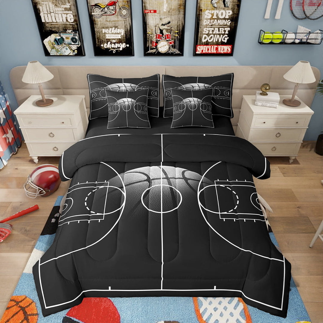 Erosebridal Basketball Print 7 Pieces Bed In A Bag Sports Game Bedding Set Kids Boys,Black Red Ball Court Sheet Set Queen Size Comforter Sets, Games Themed Fitted Sheet Home Decor