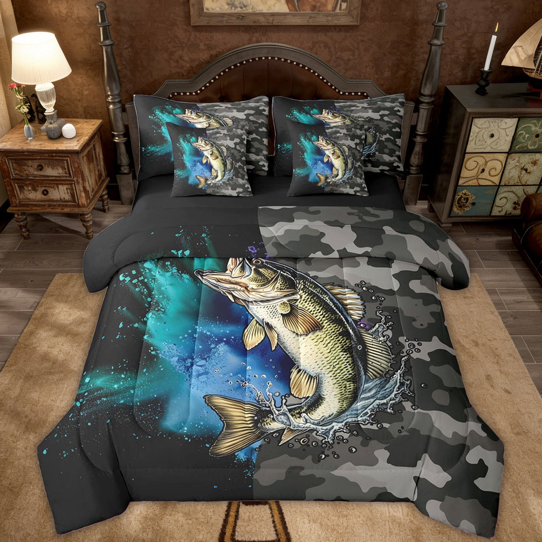 Erosebridal Kids Bass Fish Bedding Comforter Set, Black Grey Camo Full Bedding Set, Black Reversible, 7 Pieces