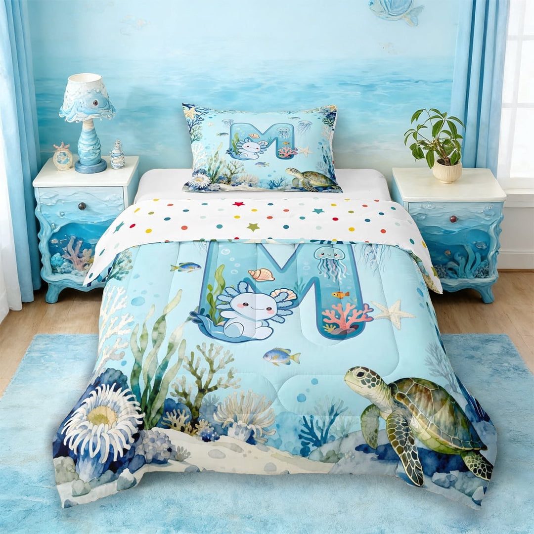 Erosebridal Ocean Animal Turtle Twin Comforter Sets For Boys,Sea Wildlife Axolotl Coral Watercolor Letter M Bedding Set For Kids,Reversible 2 Pieces