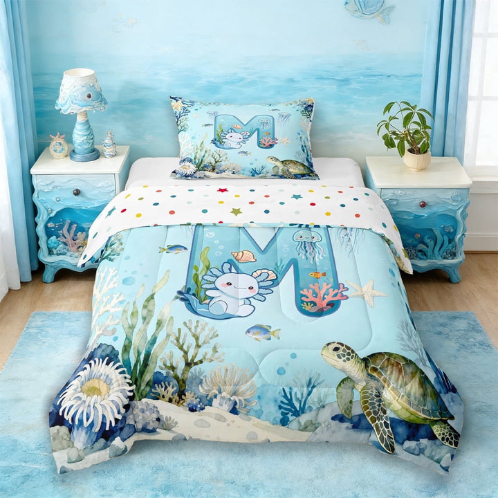 Erosebridal Ocean Animal Turtle Twin Comforter Sets For Boys,Sea Wildlife Axolotl Coral Watercolor Letter M Bedding Set For Kids,Reversible 2 Pieces
