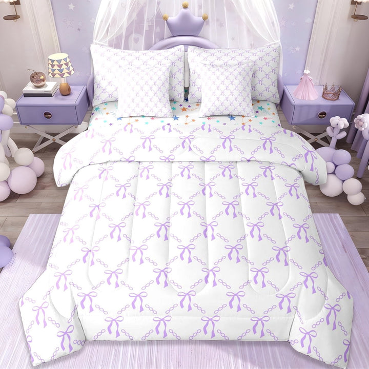Erosebridal Cute Coquette Bowknot 7-Piece Twin Bedding Sets,Cartoon Cute Bowtie Bedding Comforter Set For Girls Kids,White Purple,Reversible
