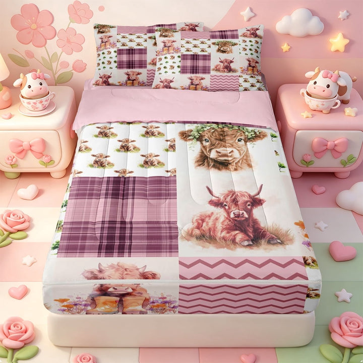 meiyoeat Highland Cow Patchwork Pattern Zipper Twin Comforter Sets with Fitted Sheet and 2 Pillowcases,Western Cow Print Zipper Bedding Set For Girl,Pink Reversible,4 Pieces