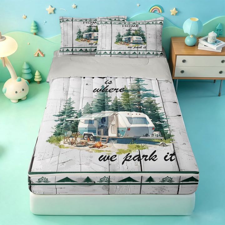meiyoeat Watercolor Camper Zipper Twin Comforter Sets with Fitted Sheet and 2 Pillowcases,Happy Camping Zipper Bedding Set For Boys,Multicolor,Light Gray Reversible,4pcs
