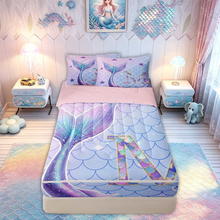 meiyoeat Mermaid Scale Letter M Zipper Full Size Comforter Sets with Fitted Sheet and 2 Pillowcases for Kids Girls, Marine Starfish Zipper Bedding Set, Purple Blue, Pink Reversible, 4pcs