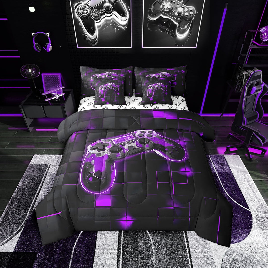 7 Piece Gaming Twin Comforter Set ,Purple Black Gamer Bedding Set with Sheets Video Game Room Decor,Geometric Bed in a Bag,Gamepad Bed Set with Pillowcases &amp; Shams