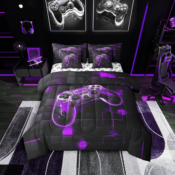 7 Piece Gaming Twin Comforter Set ,Purple Black Gamer Bedding Set with Sheets Video Game Room Decor,Geometric Bed in a Bag,Gamepad Bed Set with Pillowcases &amp; Shams