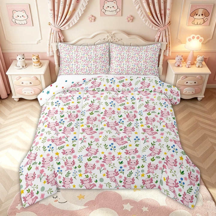 meiyoeat Pink Axolotl Full Size Comforter Sets for Kids, Floral Salamander Bedding Comforter Set for Bedroom, Pink White, Polkadot Reversible, 3 Pieces