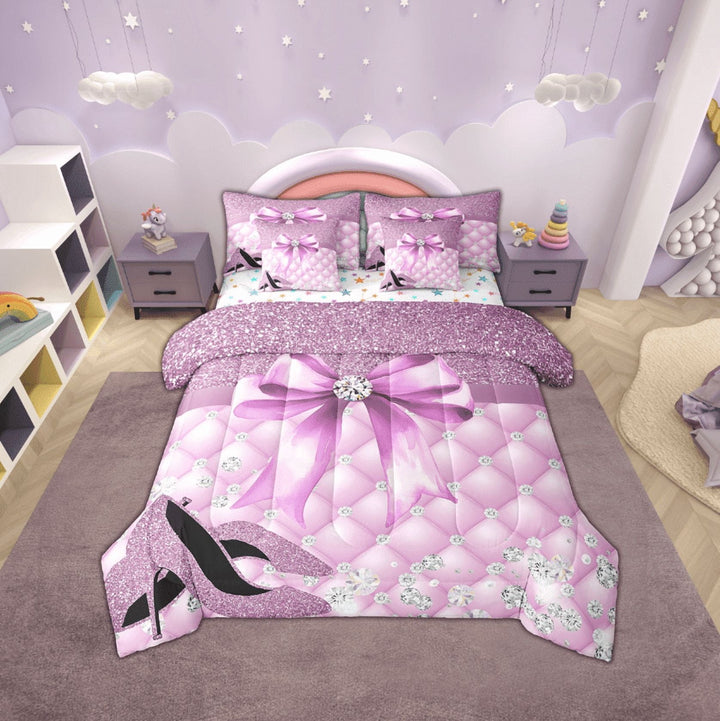 Erosebridal High Heels Bowknot Bedding Sets Twin Size,Bling Crystal Comforter Sets with Sheets,Super Cozy Reversible Bed in a Bag Twin size,Glitter Decoration,7pcs