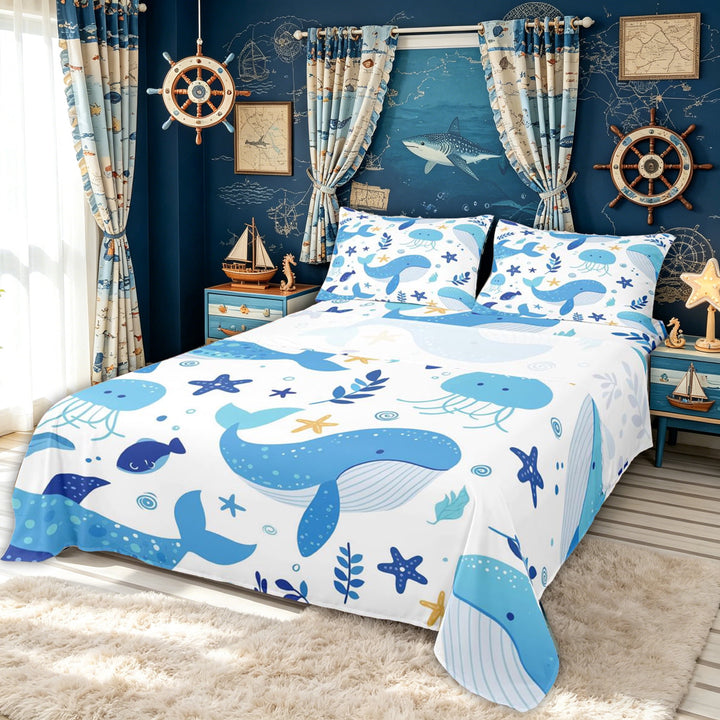 meiyoeat Cute Ocean Jellyfish Star Whale Bed Sheets for Boys Girls, Kawaii Marine Wildlife Full Size Sheets, Blue White, Polkadot Reversible, 1 Flat Sheet, 1 Fitted Sheet and 2 Pillowcases