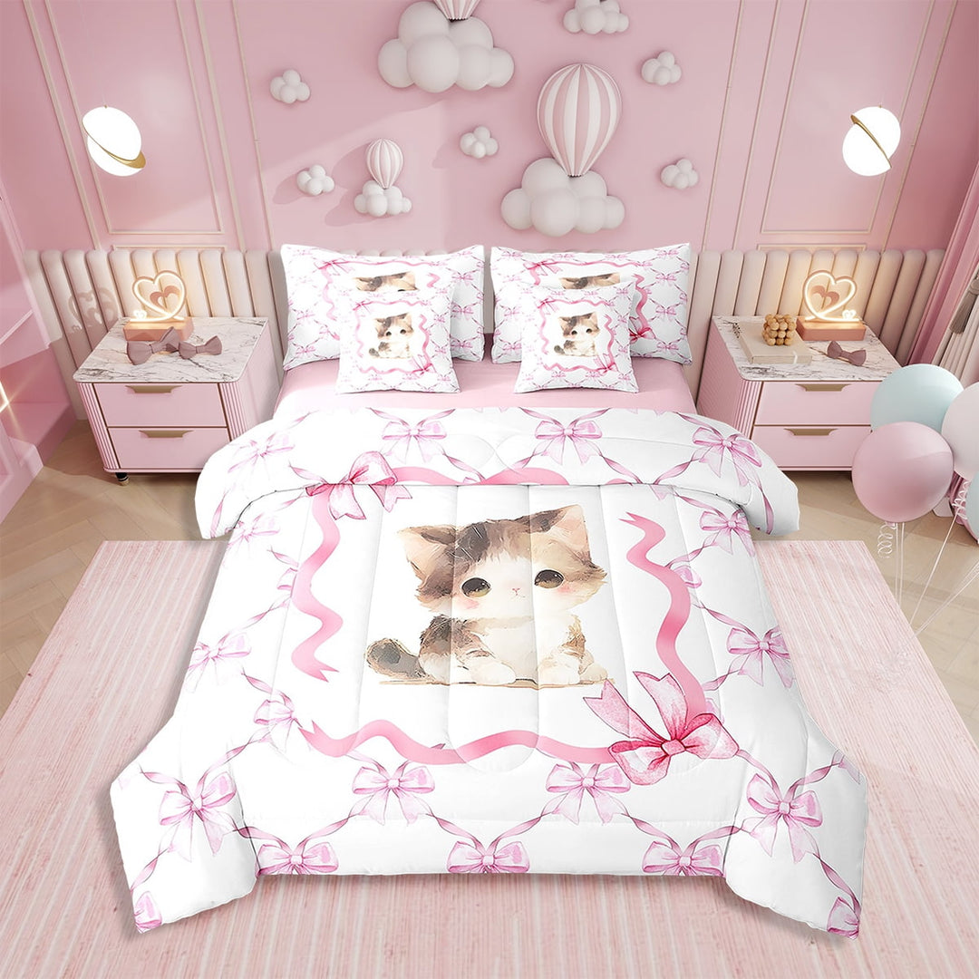 Erosebridal Kawaii Bowknot Bedding 7PCS Twin Size Comforter Sets Pink Animal Bedding Sets Bow Knot Bed in a Bag,1 Comforter,1 Flat Sheet,1 Fitted Sheet,2 Pillowcases,2 Throw Pillow Covers
