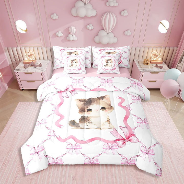 Erosebridal Kawaii Bowknot Bedding 7PCS Twin Size Comforter Sets Pink Animal Bedding Sets Bow Knot Bed in a Bag,1 Comforter,1 Flat Sheet,1 Fitted Sheet,2 Pillowcases,2 Throw Pillow Covers