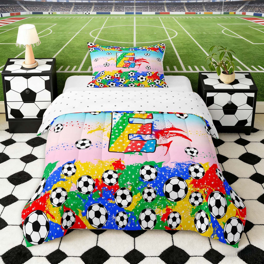Erosebridal Letter E Gradient Soccer Ball Print Twin Comforter Sets, Sports Monogram Bedding Set for Kids Boys and Girls, Reversible 2pcs, 1 Comforter and 1 Pillowcase
