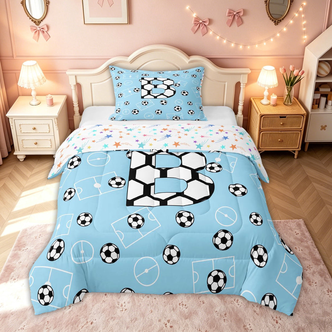 meiyoeat Soccer Letter B Full Size Comforter Sets for Kids, Cartoon Football Sports Bedding Comforter Set, Blue, Colorful Stars Reversible 3 Pieces, 1 Comforter and 2 Pillowcases