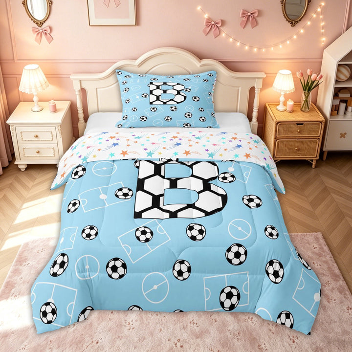 meiyoeat Soccer Letter B Full Size Comforter Sets for Kids, Cartoon Football Sports Bedding Comforter Set, Blue, Colorful Stars Reversible 3 Pieces, 1 Comforter and 2 Pillowcases