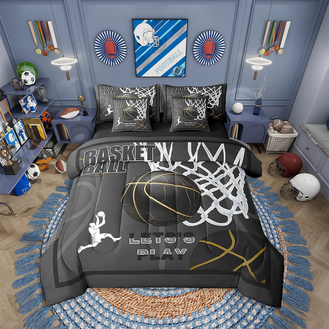 Erosebridal Basketball Comforter Set Twin 7 Pcs Basketball Player 3D Ball Pattern Gaming Sports Black Bedding Set Sports Theme Bed in a Bag with Comforter,Sheets