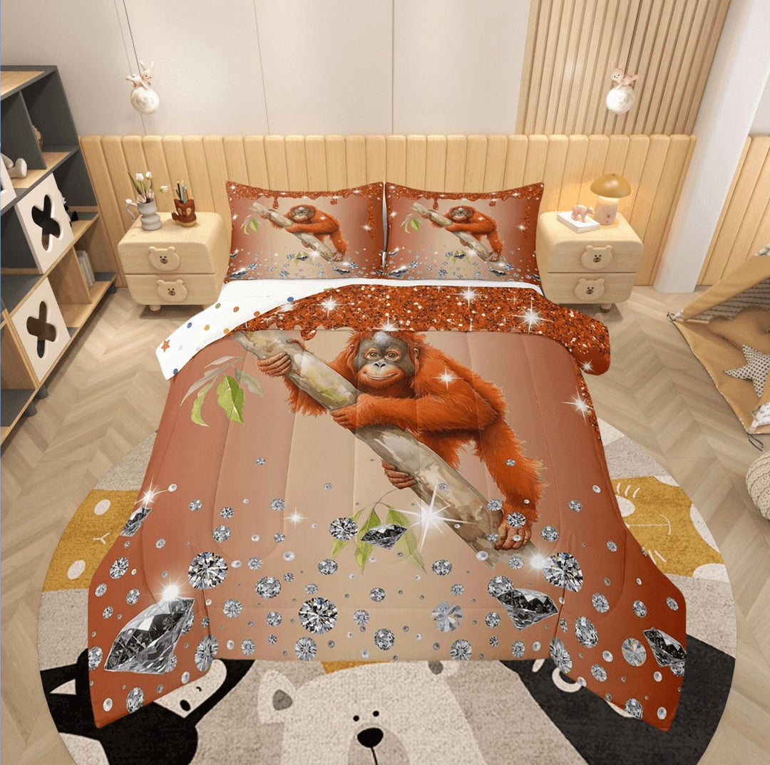 Gorilla Comforter Set Orange Sequin Fluid Art Down Comforter,Crystal Diamond Twin Bedding Sets,Woodland Animals Duvet Insert Jungle Wildlife Room Decor