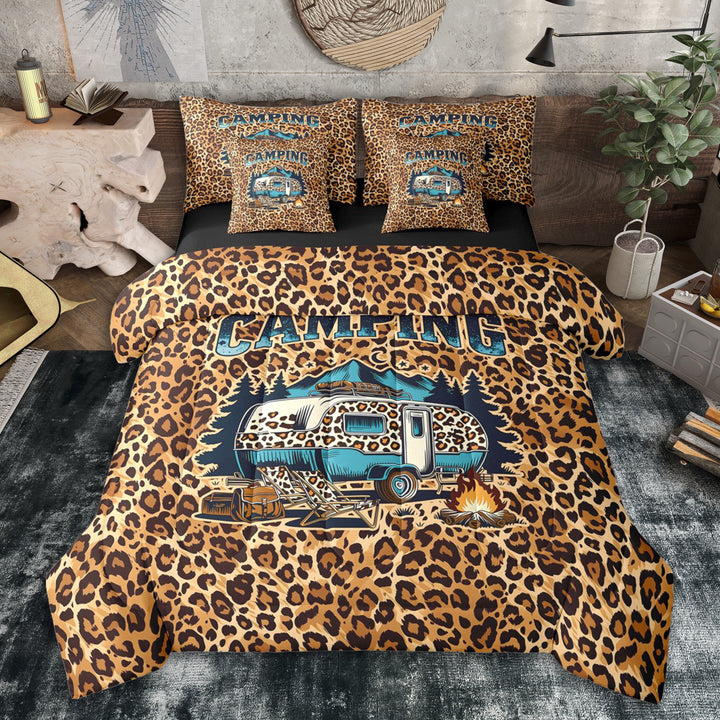 Erosebridal Leopard Print RV Car Twin Bedding Sets 7-Piece for Boys Girls,Teens Happy Camping Bedding Comforter Set,Black Reversible,Microfiber Bedroom Decor