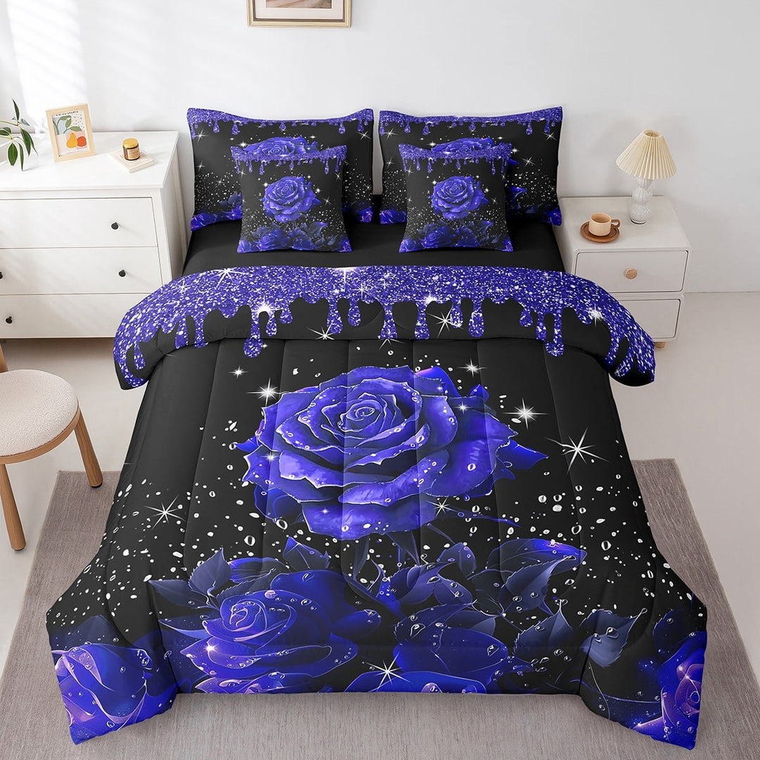 Blue Rose Bed in a Bag King Size Comforter Set 7 Pieces,Glitter Galaxy Sheet Set with Comforter,Sequin Fluid Art Bedding Set Abstract Ombre Print Bed Set Garden Flowers Boho Floral Bohemian Decor