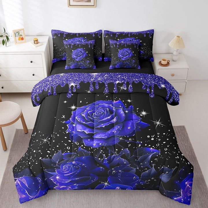 Blue Rose Bed in a Bag King Size Comforter Set 7 Pieces,Glitter Galaxy Sheet Set with Comforter,Sequin Fluid Art Bedding Set Abstract Ombre Print Bed Set Garden Flowers Boho Floral Bohemian Decor