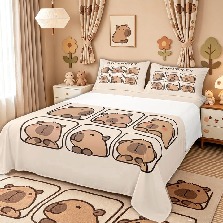 meiyoeat Cute Capybara Animal Bed Sheets for Kids Girls, Kawaii Cartoon Style Full Size Sheets, Beige, 4-Piece