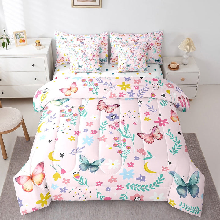 Erosebridal Colorful Butterfly Bed in a Bag Full Size,Cute Plant Floral Bed Set,Insect Animal Bedding Full Size,Super Cozy Room Decor Reversible,7 Pieces