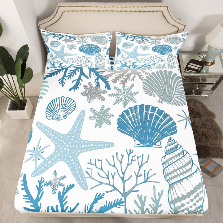 Nautical Coastal Fitted Sheet Blue Ocean Beach Twin Bed Sheets,Seashell Starfish Sheets Conch Shell Coral Bedding Set,Plain White Blue Room Decor£¨No Top Sheet£©