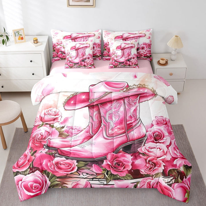 Cowgirl Bed In A Bag With Sheets Western Cowgirl Bedding Set,Cute Cowboy Boot Hat Queen Comforter Set 7 Piece Teen Women,Kawaii Pink Rose Flower Bed Set