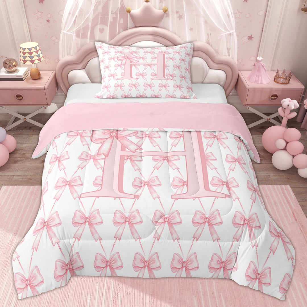 Erosebridal Cute Bowknot Girls Twin Comforter Sets, Pink H Letter Bedding Set, Pink Reversible, 2 Pieces
