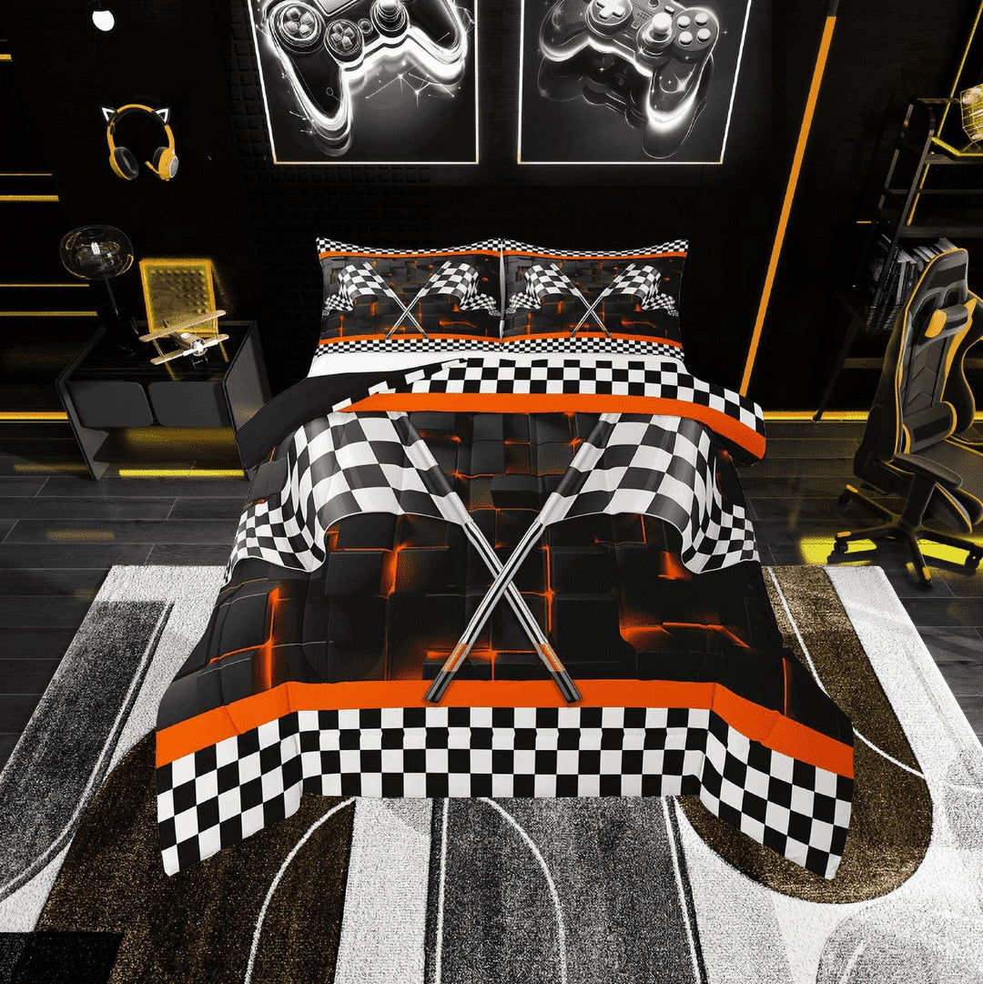 Erosebridal Checkered Flag Bedding Sets Twin with Comforter, Neon Square Duvet Insert, Sports Car Decor, Breathable 2-Piece