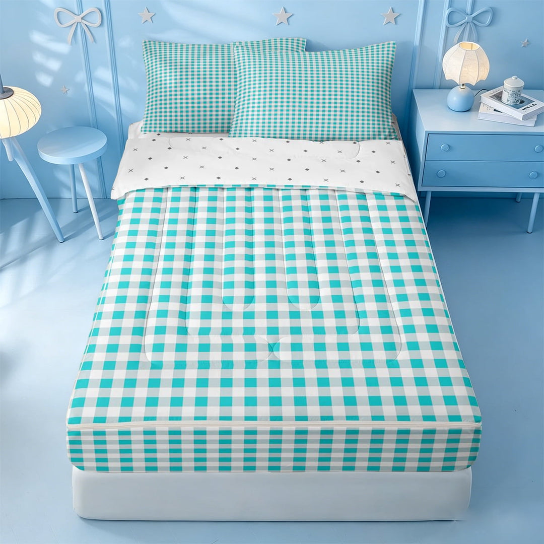 meiyoeat Geometric Plaid Zipper Full Size Comforter Sets with Fitted Sheet and 2 Pillowcases For Kids,Blue Classic Checkered Zipper Bedding Set For Boys,Reversible,4-Piece